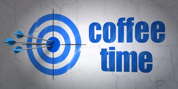 Pojęcie czasu: miejsce docelowe i czas kawy na tle ściany — Zdjęcie stockowe
