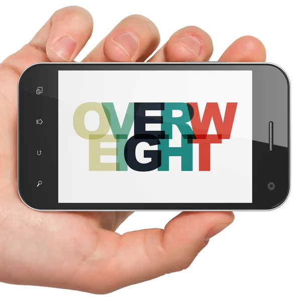 Health concept: Hand Holding Smartphone with Overweight on  display — Stock Photo, Image
