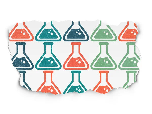 Conceito de ciência: Ícones de frasco em fundo papel rasgado — Fotografia de Stock