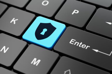 koruma kavramı: bilgisayar klavye arka plan üzerinde anahtar deliği ile kalkan