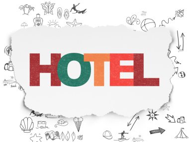 Turizm kavramı: yırtık kağıt arka plan üzerinde otel