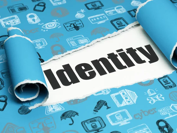 Conceito de proteção: texto preto Identidade sob o pedaço de papel rasgado — Fotografia de Stock