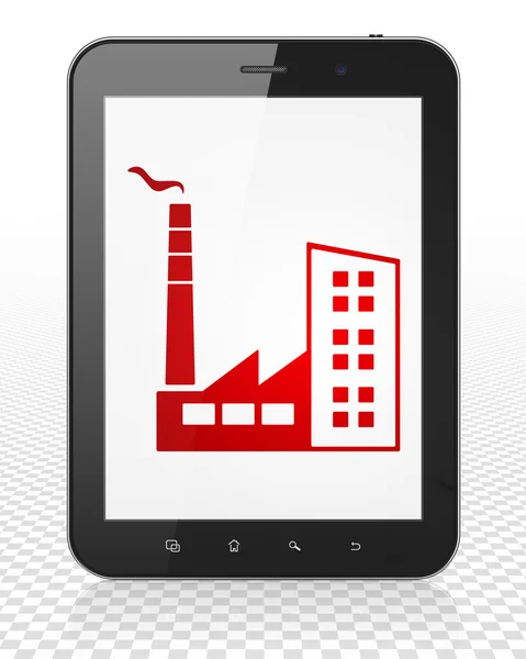 Manufacuring concept: Tablet Pc Computer with Industry Building on display — Stock Photo, Image