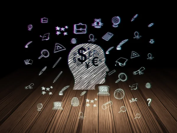 Eğitim kavramı: kafa ile Finans simgesi grunge karanlık odada — Stok fotoğraf