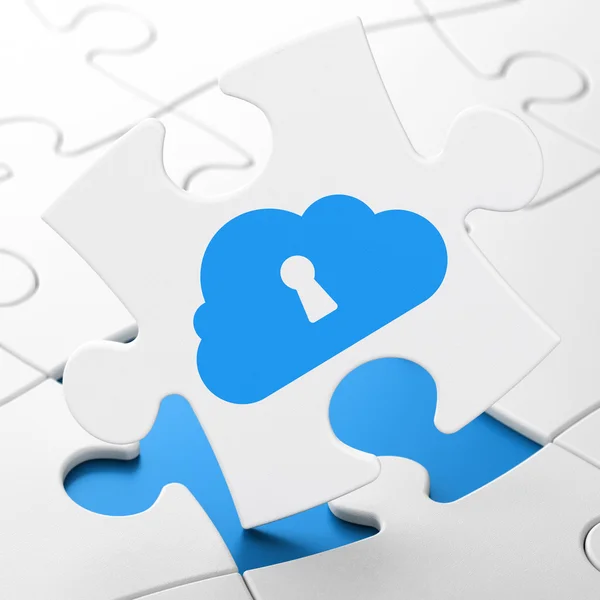 Cloud netwerken concept: wolk met sleutelgat op puzzel achtergrond — Stockfoto