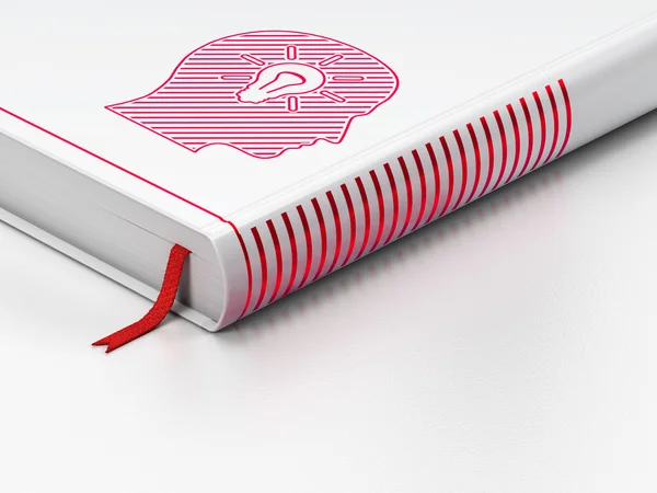 Conceito de negócio: livro fechado, cabeça com lâmpada sobre fundo branco — Fotografia de Stock