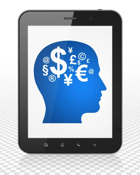 Finans konsept: Tablet Pc Computer with Head With Finance Symbol på utstilling – stockfoto