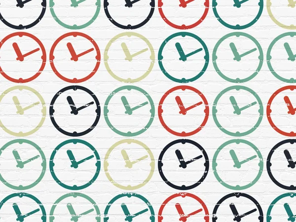 Tidslinjen koncept: klocka ikoner på väggen bakgrund — Stockfoto