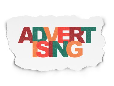 Reklam kavramı: yırtık kağıt arka plan üzerinde reklam