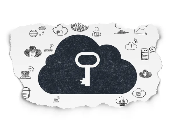 Cloud technology concept: Cloud With Key on Torn Paper background — 图库照片