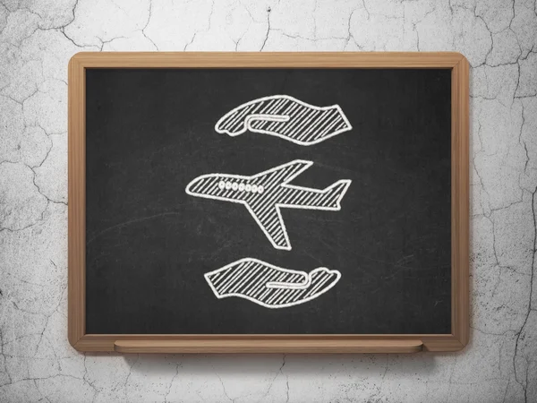 Insurance concept: Airplane And Palm on chalkboard background — Stockfoto