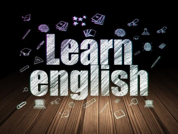 Learning concept: Learn English in grunge dark room — Stok fotoğraf