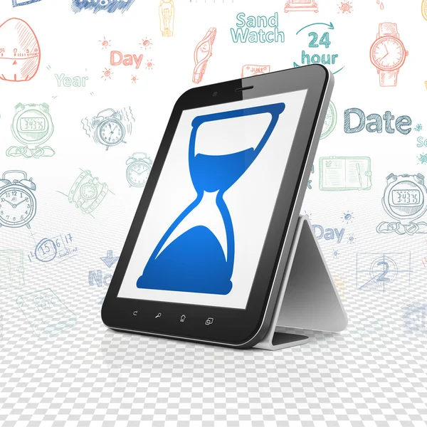 Concepto de tiempo: Tablet Computer con reloj de arena en pantalla —  Fotos de Stock