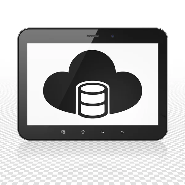 Programmierkonzept: Tablet-Computer mit Datenbank und Cloud auf dem Display — Stockfoto