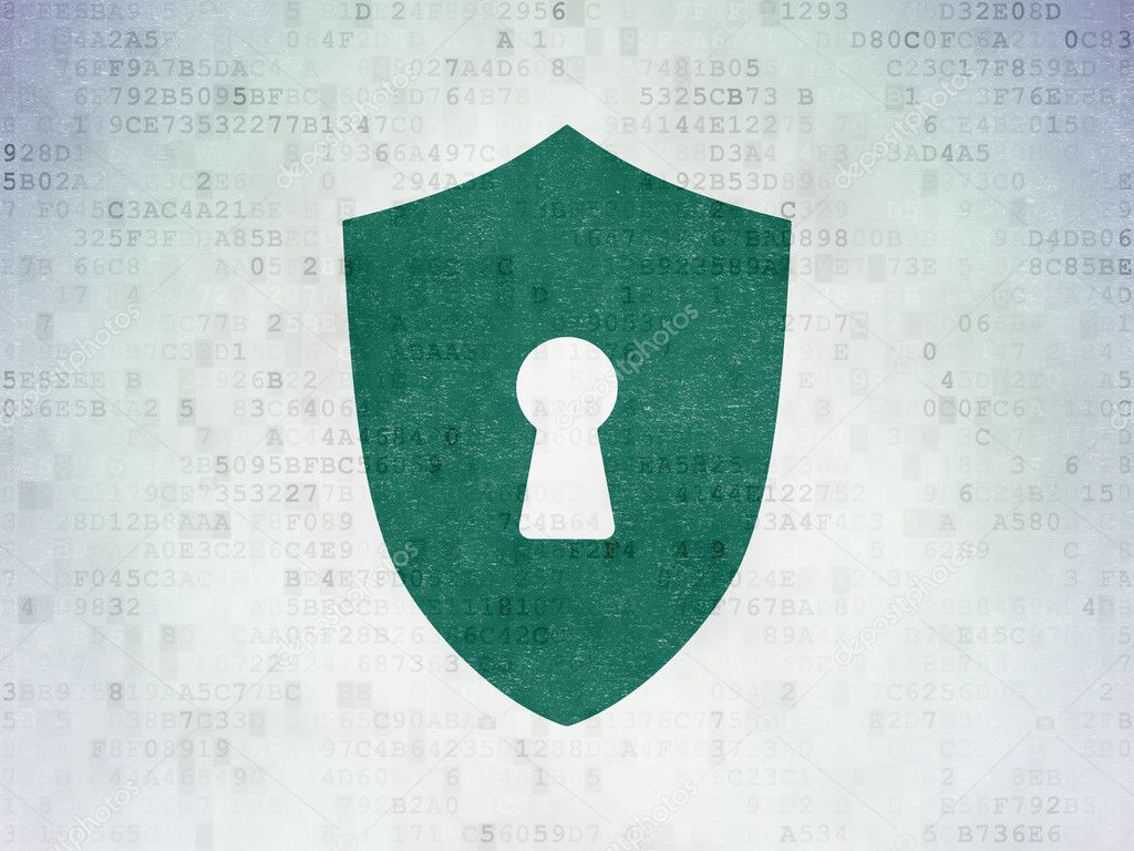 Privacy concept: Shield With Keyhole on Digital Paper background