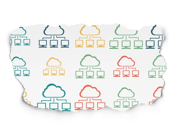 Cloud síťový koncept: Cloud síťové ikony na roztrhané papírové pozadí — Stock fotografie