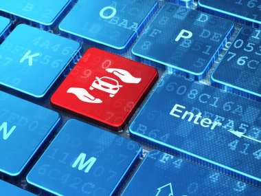 Sigorta kavramı: araba ve avuç içi bilgisayar klavye arka plan