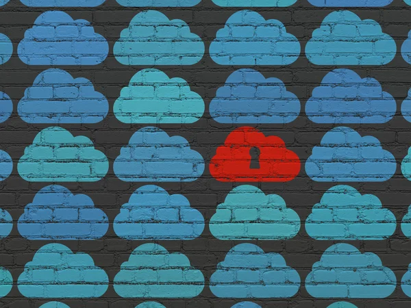 Conceito de rede de nuvem: nuvem com ícone de buraco de fechadura no fundo da parede — Fotografia de Stock