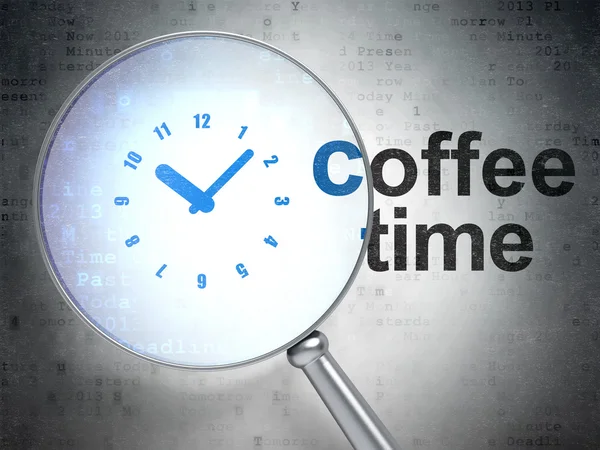 Timeline concept: Clock and Coffee Time with optical glass — Stock Photo, Image