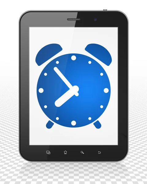 Timeline-Konzept: Tablet-PC mit Wecker auf dem Display — Stockfoto