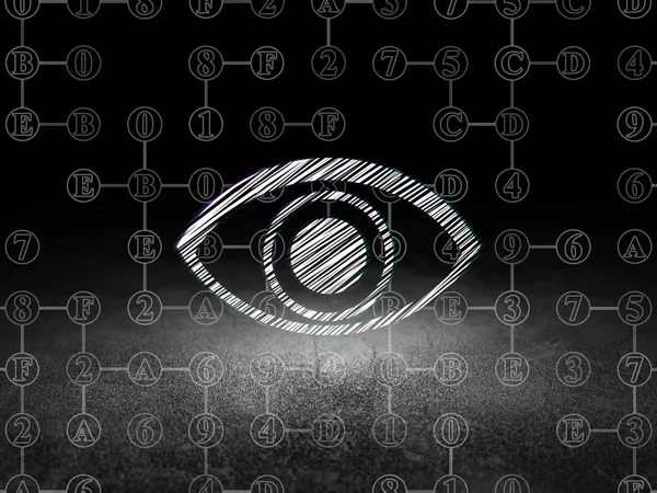 Security concept: Eye in grunge dark room — Stok fotoğraf