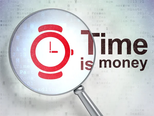 Concetto di tempo: Orologio a mano e tempo è denaro con vetro ottico — Foto Stock