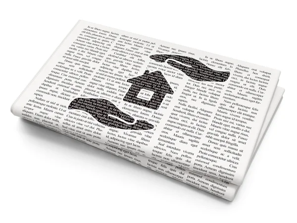 Concetto di assicurazione: Casa e palma su sfondo giornale — Foto Stock