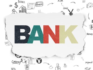 Bankacılık kavramı: banka yırtılmış kağıt arka plan üzerinde