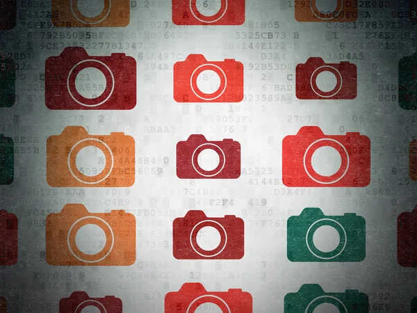 Concetto di viaggio: icone della fotocamera fotografica su sfondo carta digitale — Foto Stock