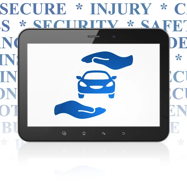 Conceito de seguro: Tablet Computador com carro e palma na exposição — Fotografia de Stock