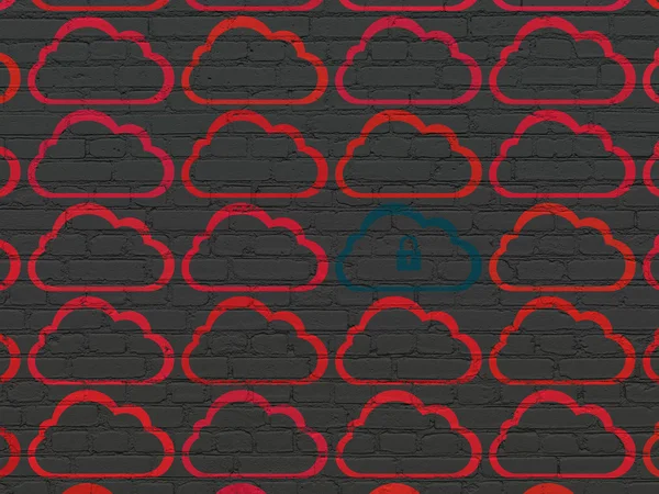 Koncepcja sieci w chmurze: chmury z ikoną kłódki na tle ściany — Zdjęcie stockowe