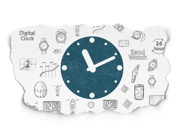 Концепция хронологии: часы на фоне порванной бумаги — стоковое фото