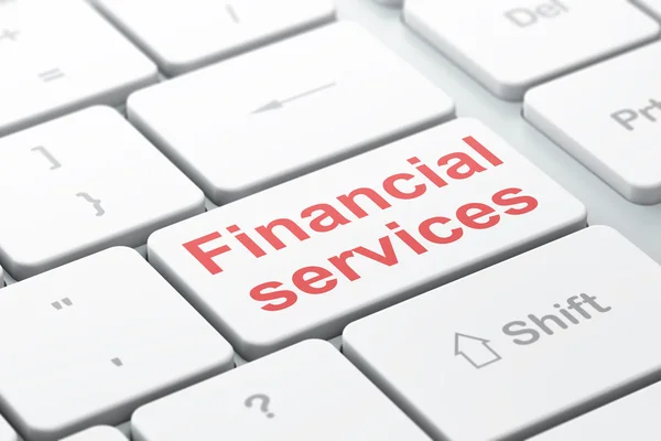 Pénz koncepció: pénzügyi szolgáltatások, számítógép-billentyűzet háttér — Stock Fotó