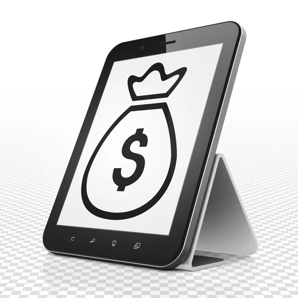 Valuta concept: Tablet PC met geld tas op display — Stockfoto