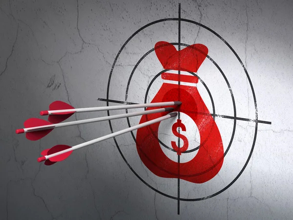 Finance concept: arrows in Money Bag target on wall background — Stock Photo, Image