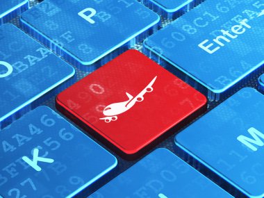 Tatil kavramı: bilgisayar klavye arka plan üzerinde uçak