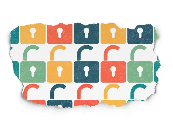 Information concept: Opened Padlock icons on Torn Paper background — 스톡 사진