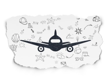 Seyahat kavramı: uçak yırtılmış kağıt arka plan üzerinde