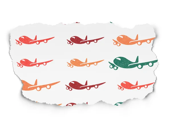 Reizen concept: vliegtuig pictogrammen op achtergrond gescheurd papier — Stockfoto