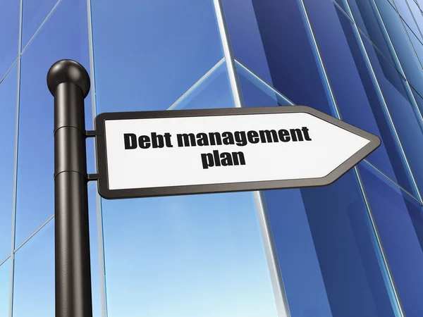 Finance concept: sign Debt Management Plan on Building background — Stockfoto