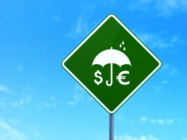 Privacy concept: Money And Umbrella on road sign background — Stok fotoğraf