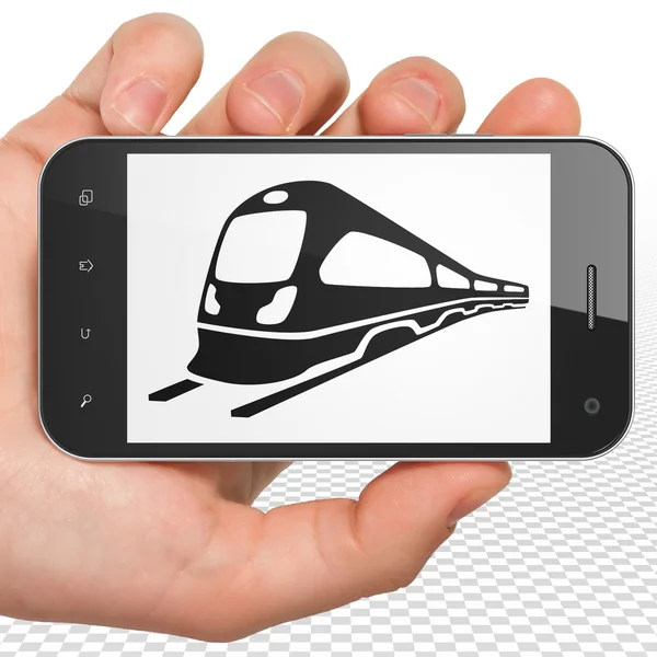 Tourism concept: Hand Holding Smartphone with Train on display — Zdjęcie stockowe