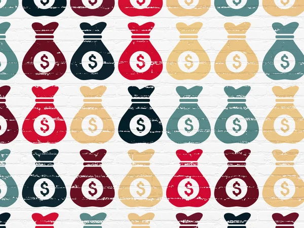 Conceito de finanças: Ícones de saco de dinheiro no fundo da parede — Fotografia de Stock