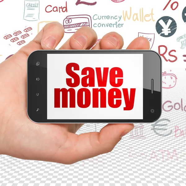 Money concept: Hand Holding Smartphone with Save Money on display — Stock Photo, Image