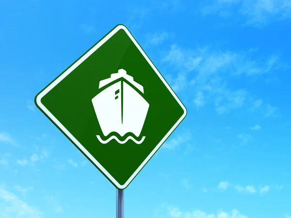 Tourism concept: Ship on road sign background — Stockfoto