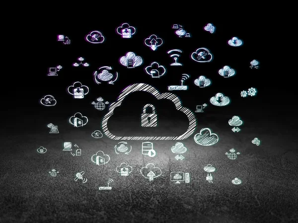 Cloud networking concept: Cloud With Padlock in grunge dark room — Stock Photo, Image