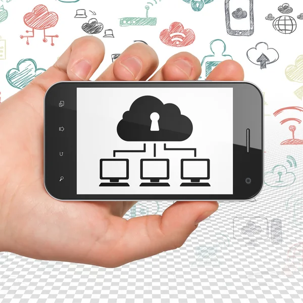 Cloud technologie concept: Hand Holding Smartphone met Cloud netwerk op display — Stockfoto