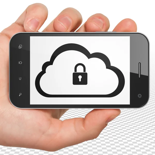 Cloud networking concept: Hand Holding Smartphone with Cloud With Padlock on display — Stockfoto