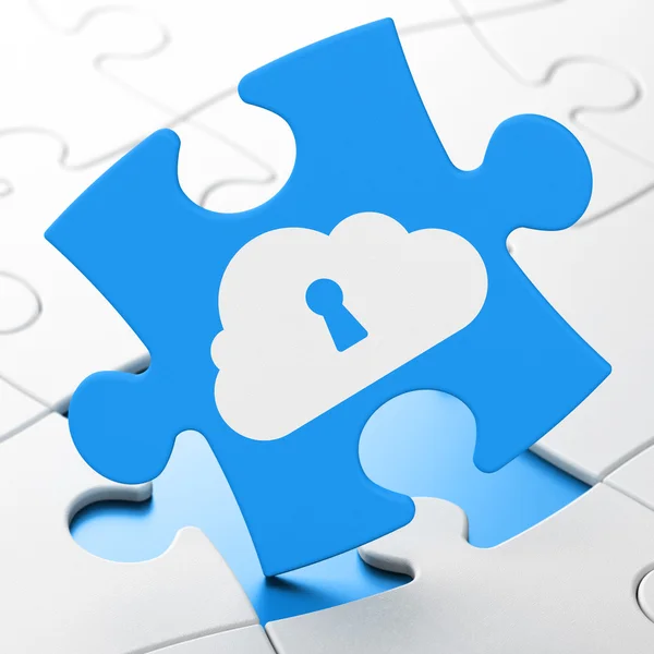 Concetto di cloud computing: cloud con buco della serratura su sfondo puzzle — Foto Stock