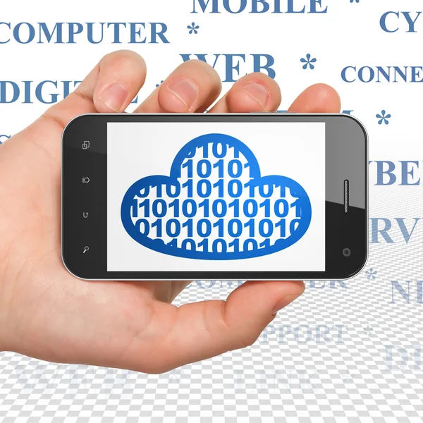 Concept de réseau Cloud : Smartphone main tenant avec Cloud avec le code à l'écran — Photo